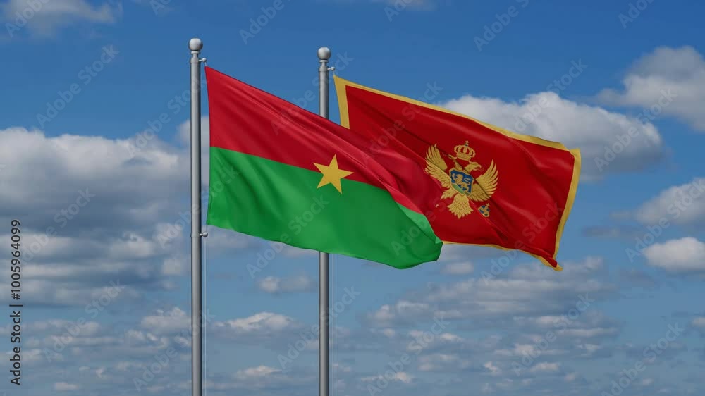 Montenegro and Burkina Faso flags flying together, video concept of the relationship, two country cooperation concept Montenegro and Burkina Faso flags flying together, video concept of the relationship, two country cooperation concept