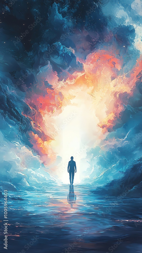 Obraz premium think big to success , walk to achieve Design a cover with an illustration of a figure holding a compass, walking toward a glowing destination in the distance, representing vision and direction