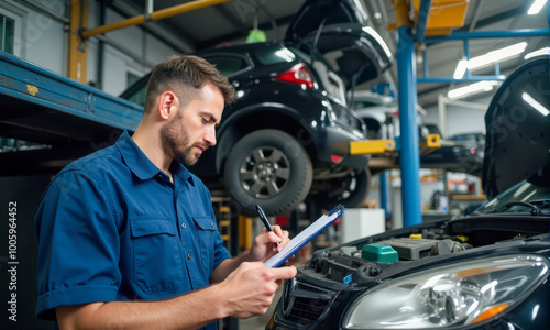 Auto mechanic writing on service sheet in repair shop, car on lift, technician working, vehicle maintenance, garage setting, professional at work, automotive repair, workshop environment