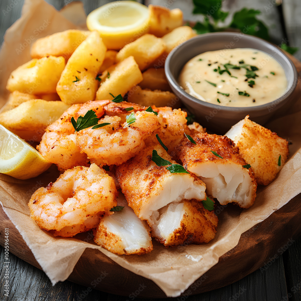 Fried Seafood Platter with Shrimp, Fish, and Chips Fried Seafood Platter with Shrimp, Fish, and Chips