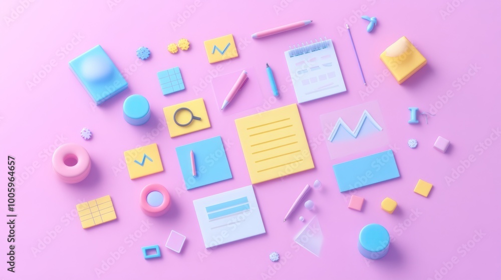 Colorful office supplies and charts arranged on a pink background for creative workspace. Colorful office supplies and charts arranged on a pink background for creative workspace.