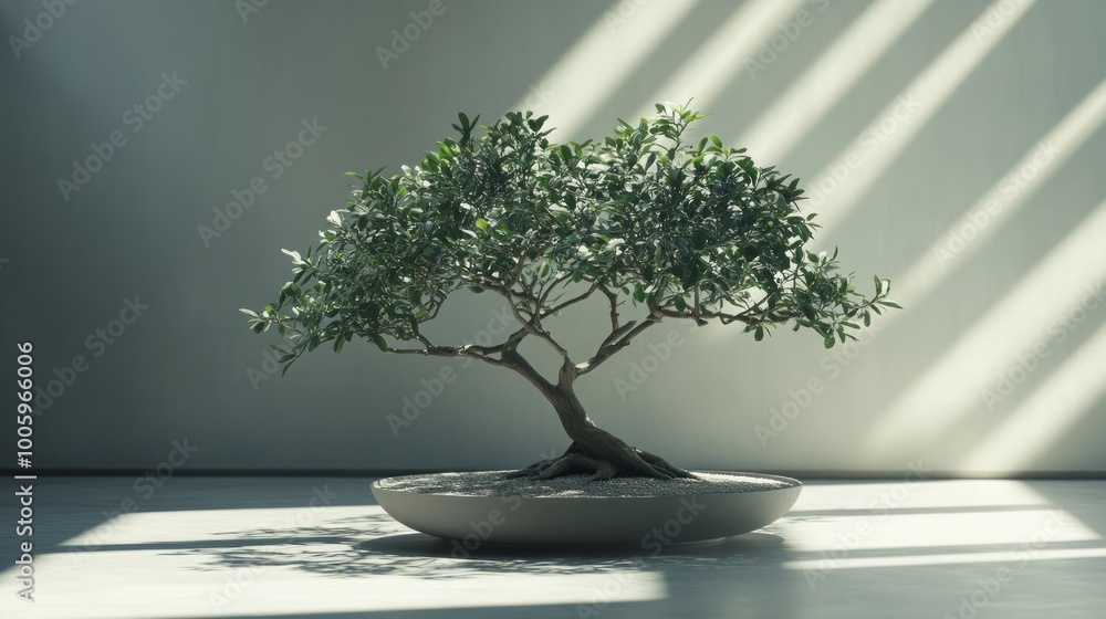 A bonsai tree in a minimalist pot, showcasing nature's beauty and tranquility indoors.