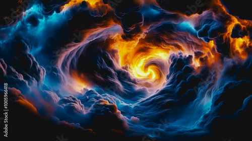 Massive swirling storm vortex with light and shadow contrasts, high aerial view