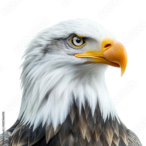 Majestic bald eagle profile with sharp eyes and a striking beak against a white background. Ideal for wildlife photography and conservation themes isolate on transparency background