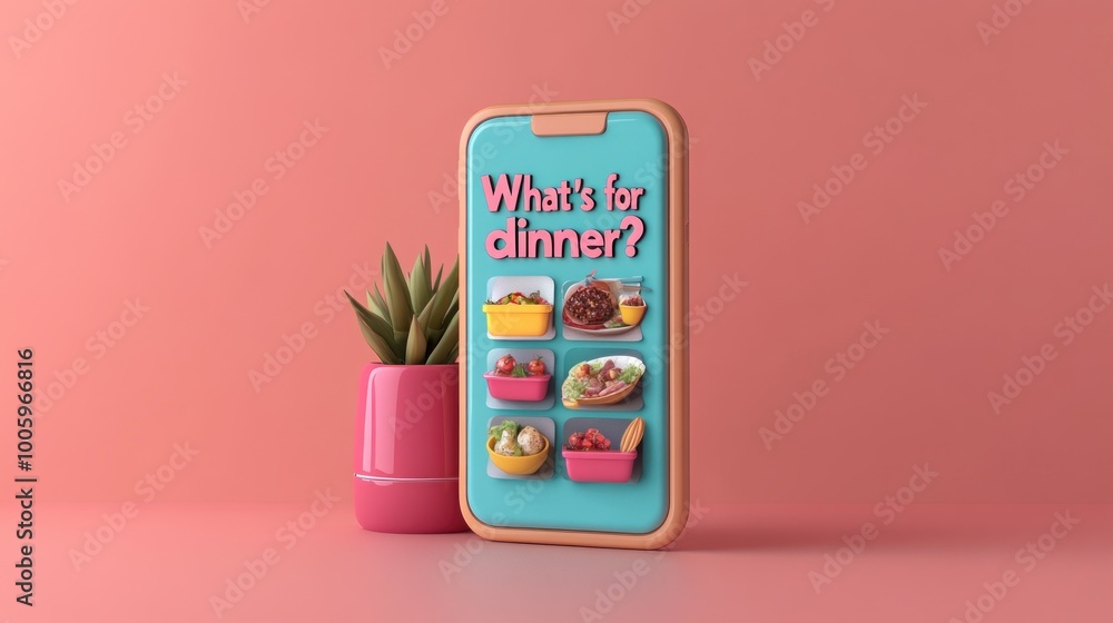 A colorful phone displaying dinner options next to a potted plant. A colorful phone displaying dinner options next to a potted plant.