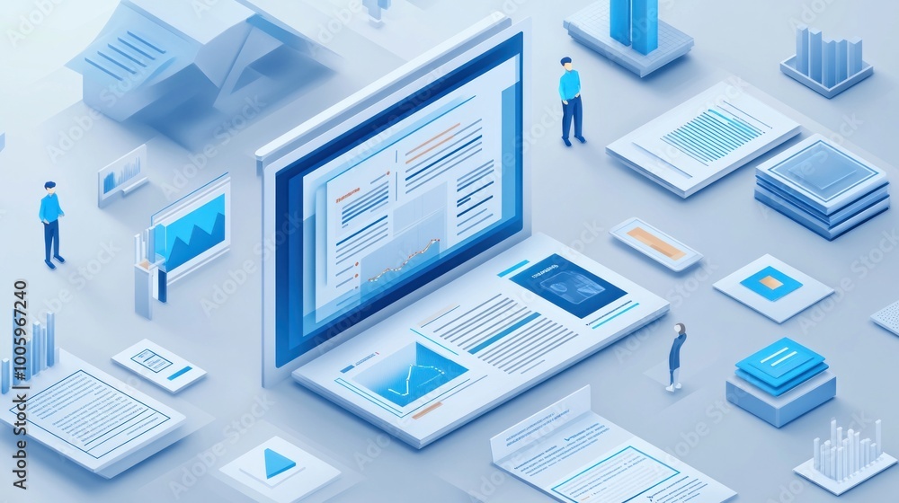 A digital workspace featuring data analysis and reports in a modern design. A digital workspace featuring data analysis and reports in a modern design.