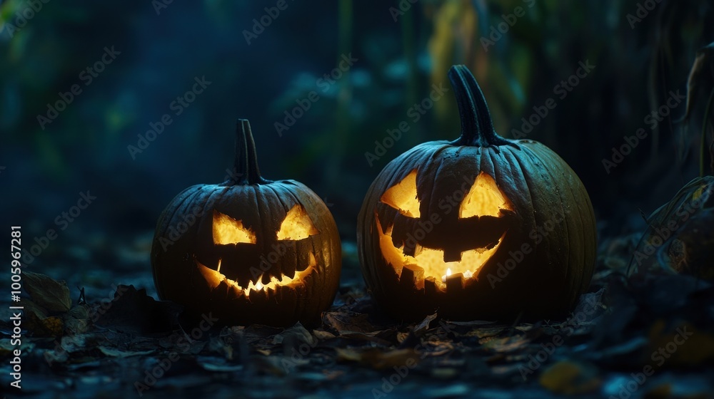 Two glowing Halloween pumpkins with carved faces in a dark, atmospheric setting. Two glowing Halloween pumpkins with carved faces in a dark, atmospheric setting.