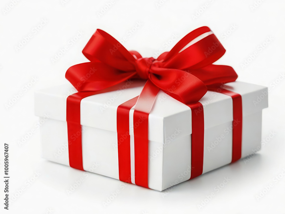 White gift box with red bow on white background. Holiday gift wrapping. Birthday, Christmas, wedding. White gift box with red bow on white background. Holiday gift wrapping. Birthday, Christmas, wedding.