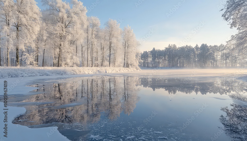 Scenic Winter Forest with Icy Reflections Under Blue Skies Scenic Winter Forest with Icy Reflections Under Blue Skies