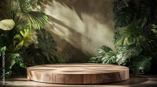 A wooden platform surrounded by lush green foliage, creating a serene natural setting.