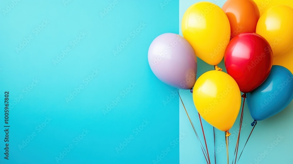 A colorful arrangement of balloons against a blue background, evoking celebration and joy. A colorful arrangement of balloons against a blue background, evoking celebration and joy.