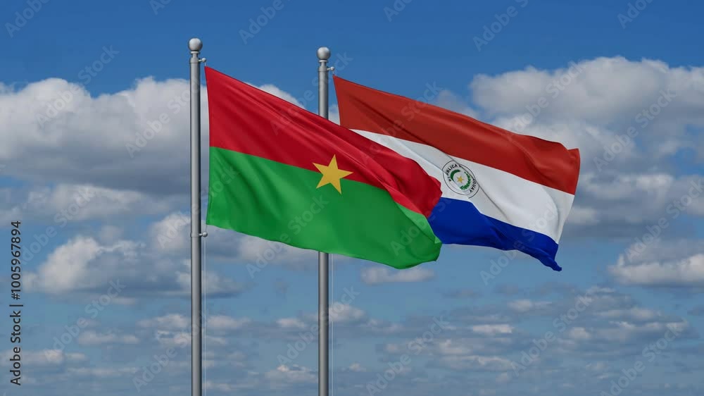 Paraguay and Burkina Faso flags flying together, video concept of the relationship, two country relations concept Paraguay and Burkina Faso flags flying together, video concept of the relationship, two country relations concept