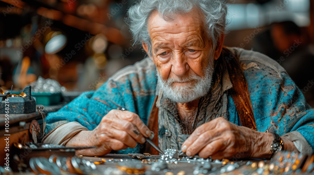 Goldsmith sits in his workshop and works on a piece of jewelry Goldsmith sits in his workshop and works on a piece of jewelry