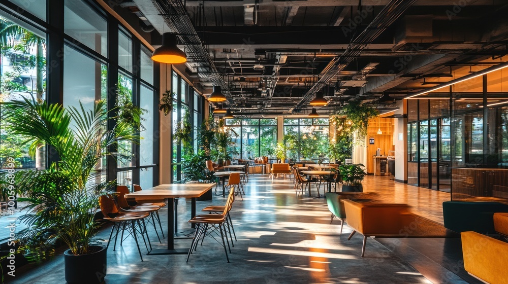 A modern workspace with plants, natural light, and cozy seating for collaboration and relaxation. A modern workspace with plants, natural light, and cozy seating for collaboration and relaxation.