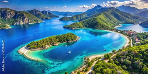 Aerial view of stunning Blue Lagoon in Oludeniz, Turkey, turquoise water, beach, Mediterranean, paradise