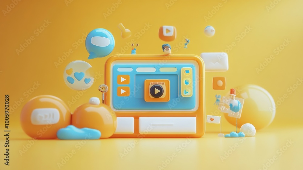 A colorful, playful interface design featuring multimedia elements and interactive icons. A colorful, playful interface design featuring multimedia elements and interactive icons.