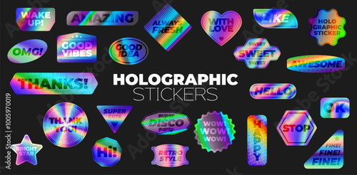 Hologram gradient stickers, y2k iridescent labels. Geometric shape vector badges and tags of neon color iridescent foil. Heart, star, circle and sun, oval and triangle shaped y2k hologram stickers set
