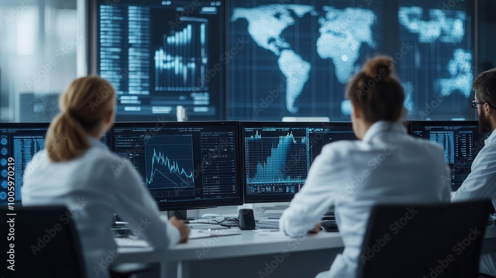 Professionals analyzing data on monitors in a modern office. Digital graphs and world map displayed on screens. Professionals analyzing data on monitors in a modern office. Digital graphs and world map displayed on screens.