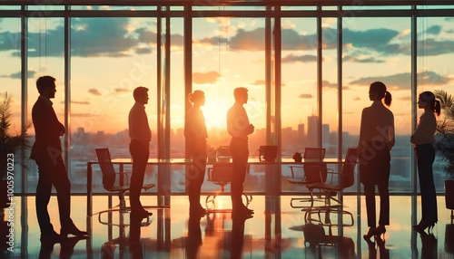 Silhouetted Businessman Planning Strategies with City Skyline Views in Modern Office Boardroom