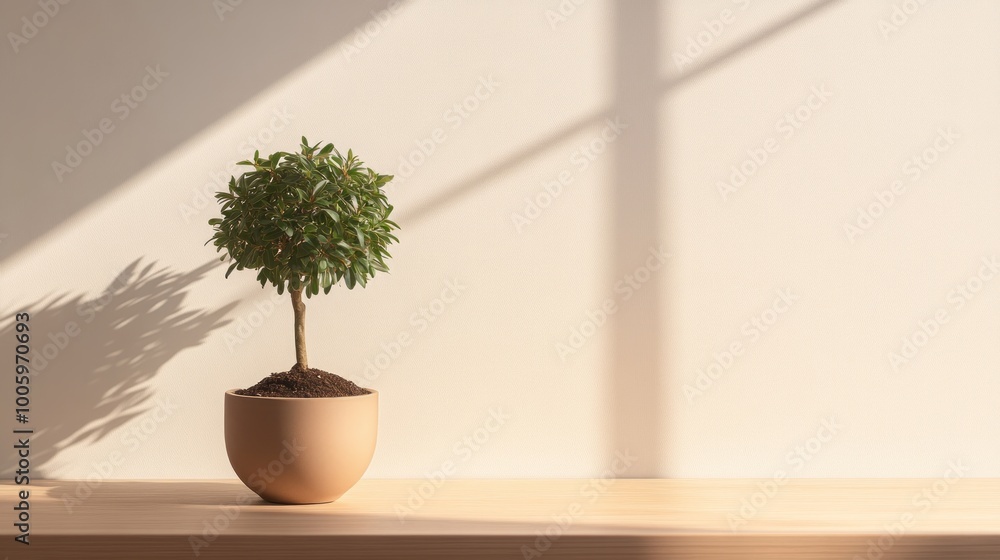 Fototapeta premium A small potted plant on a wooden surface with soft shadows.