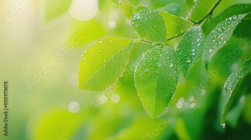 Close-up of green leaves with water droplets, symbolizing freshness and nature's beauty.