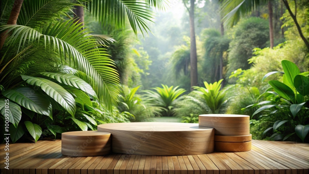 Wooden podium display nestled in lush jungle setting, showcasing nature products , wilderness, eco-friendly, showcase Wooden podium display nestled in lush jungle setting, showcasing nature products , wilderness, eco-friendly, showcase