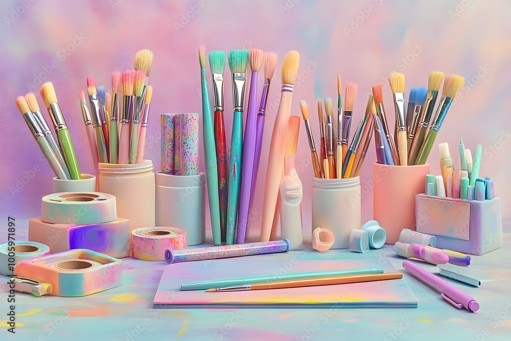 Obraz premium Whimsical flat lay arrangement of vibrant pastel art supplies and stationery including paintbrushes markers washi tape and a sketchpad positioned against a soft muted background