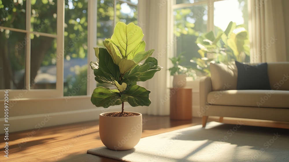 A potted plant in a sunlit living room, enhancing the cozy atmosphere. A potted plant in a sunlit living room, enhancing the cozy atmosphere.