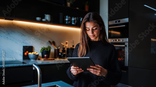 femme dans une cuisine moderne en train de regarder une recette de cuisine sur une tablette tactile photo