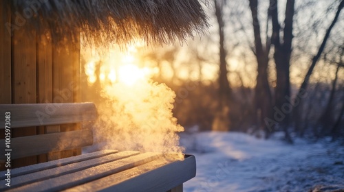 A serene winter scene featuring steam rising from a sauna at sunset.