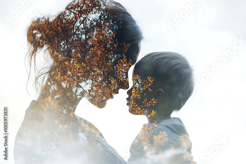 A heartwarming double exposure image of a loving mother and child, blending their faces to represent the deep bond, tenderness, and connection of motherhood