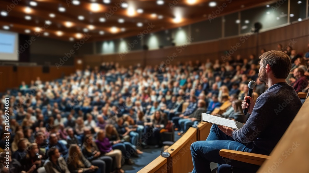 A speaker addresses a large audience in a theater setting, engaging them in discussion. A speaker addresses a large audience in a theater setting, engaging them in discussion.