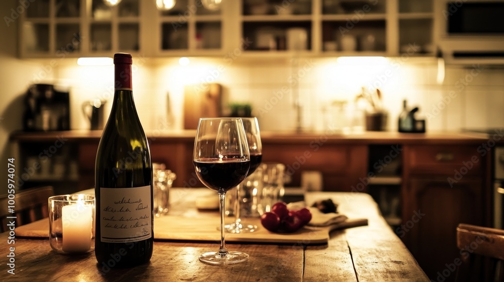 A cozy dinner setup featuring wine, glasses, and a warm kitchen ambiance. A cozy dinner setup featuring wine, glasses, and a warm kitchen ambiance.