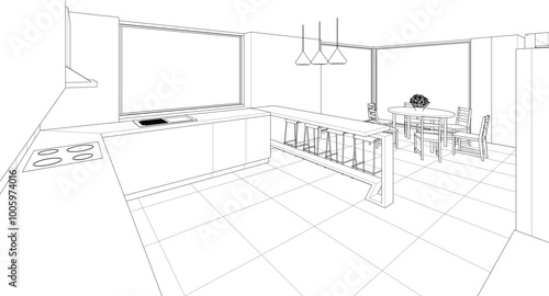 interior kitchen living room 3d illustration	
