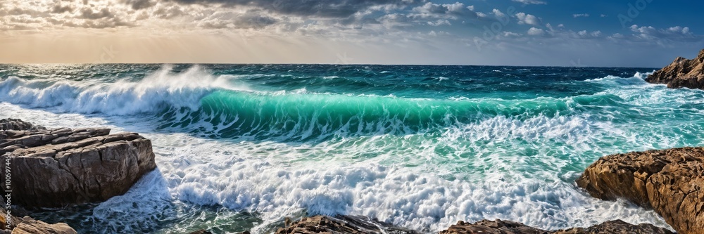 dramatic scene at the beach with waves crashing in the background, while the foreground is calm. The sky is overcast, suggesting a stormy day. dramatic scene at the beach with waves crashing in the background, while the foreground is calm. The sky is overcast, suggesting a stormy day.