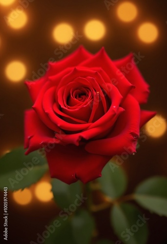 A vibrant red rose with a bokeh background of warm lights, symbolizing love and romance photo