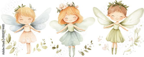 Watercolor cute cartoon fairy set, clip art with white background