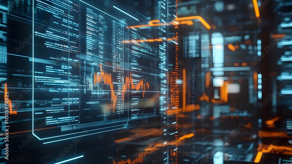 Fototapeta premium Futuristic transparent holographic market display with interactive data visualization financial analytics