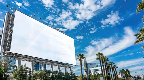 A blank billboard positioned at the entrance to a bustling convention center