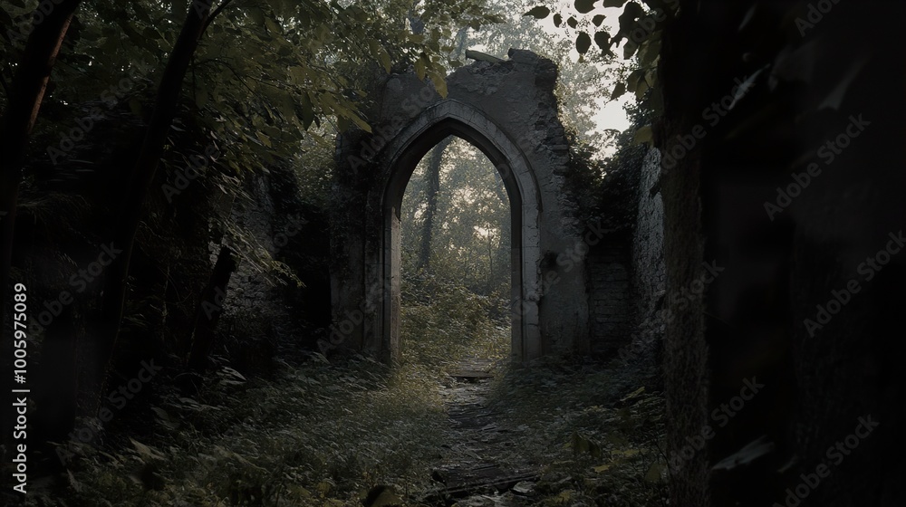 Overgrown Stone Archway in a Dark Forest Overgrown Stone Archway in a Dark Forest
