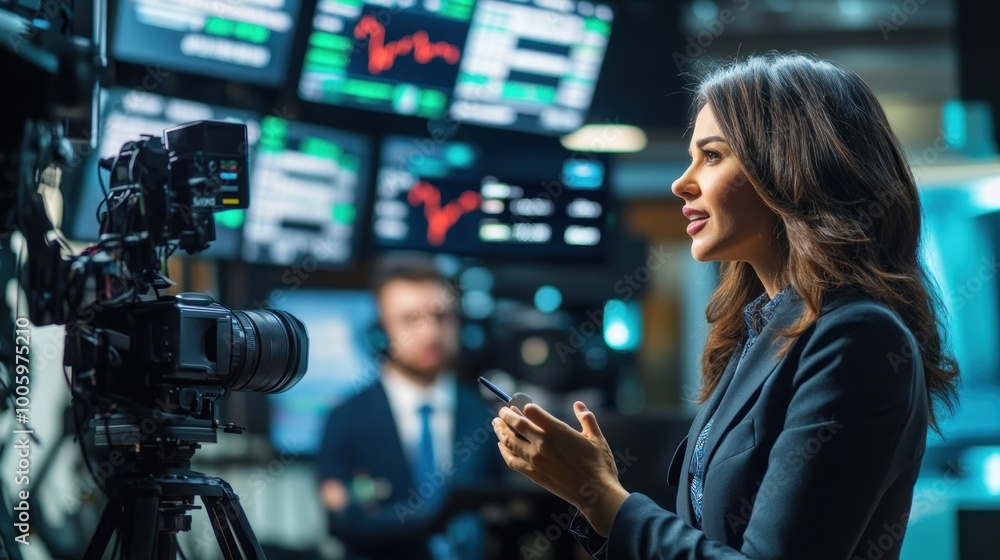 A woman speaking on camera in a business setting with financial data displays in the background. A woman speaking on camera in a business setting with financial data displays in the background.