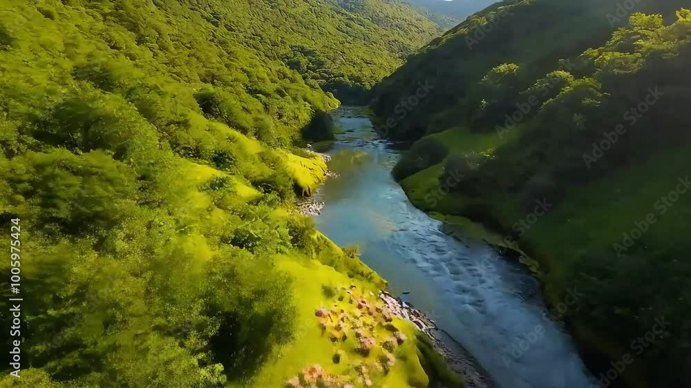 waterfall in the forest , Lush valley with flowing stream aerial view, drone flying over green valley waterfall in the forest , Lush valley with flowing stream aerial view, drone flying over green valley