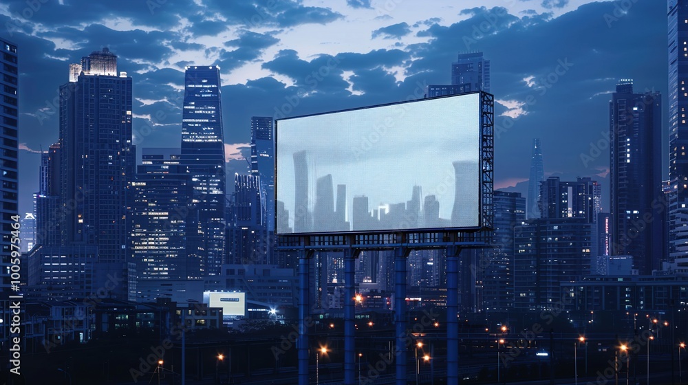 A blank billboard set against a backdrop of towering skyscrapers and city lights A blank billboard set against a backdrop of towering skyscrapers and city lights