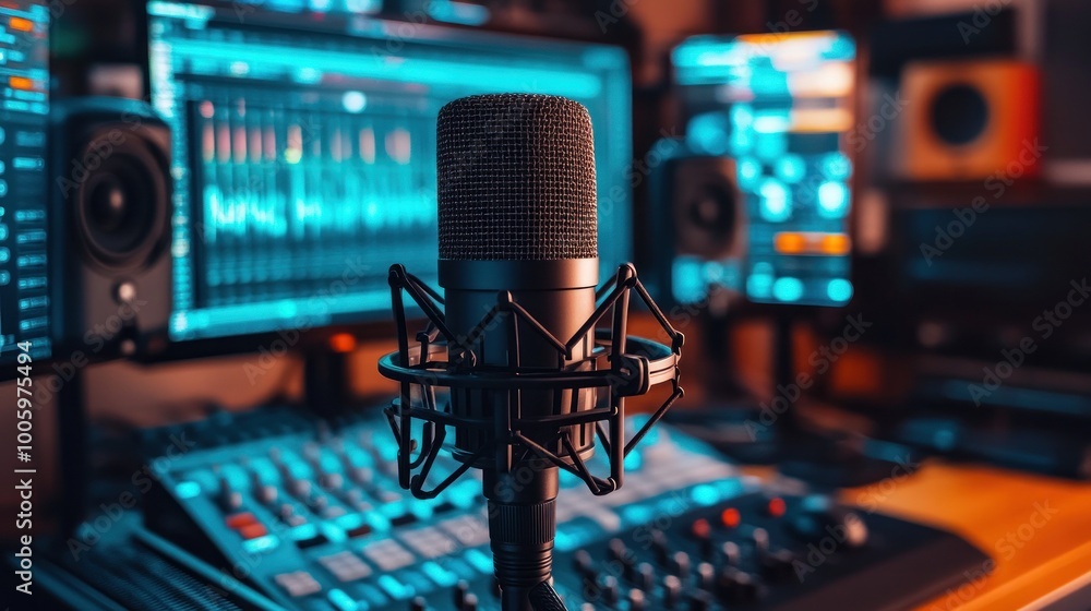 A microphone in a studio setting with audio equipment and digital displays. A microphone in a studio setting with audio equipment and digital displays.