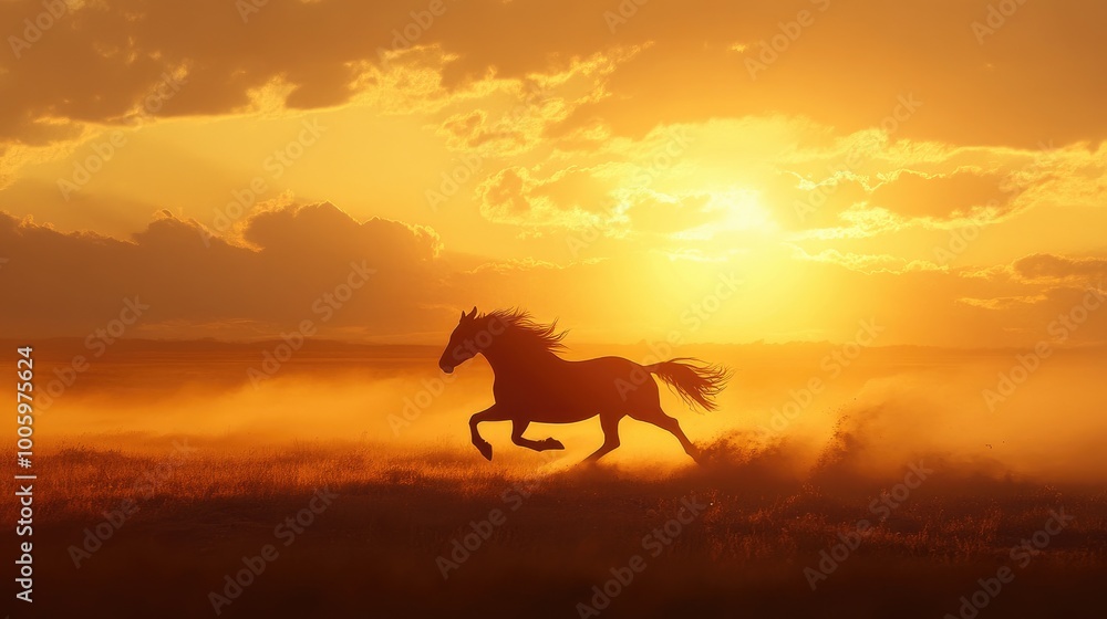 A horse galloping freely across an open plain, with the sun setting behind and casting a warm glow across the landscape. A horse galloping freely across an open plain, with the sun setting behind and casting a warm glow across the landscape.
