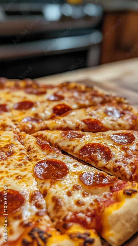 Pepperoni pizza with melted cheese on wooden table, delicious food concept Pepperoni pizza with melted cheese on wooden table, delicious food concept