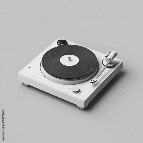 Modern white turntable with sleek design on minimalistic gray background. 