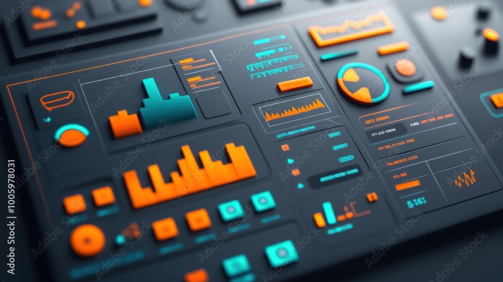 A digital control panel with graphs and data visualizations in vibrant colors. A digital control panel with graphs and data visualizations in vibrant colors.