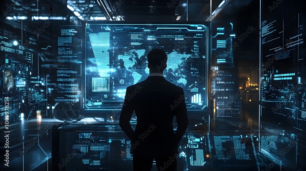 Futuristic digital entrepreneur examining sleek holographic data visualizations and business analytics in a dark minimalist setting Futuristic digital entrepreneur examining sleek holographic data visualizations and business analytics in a dark minimalist setting