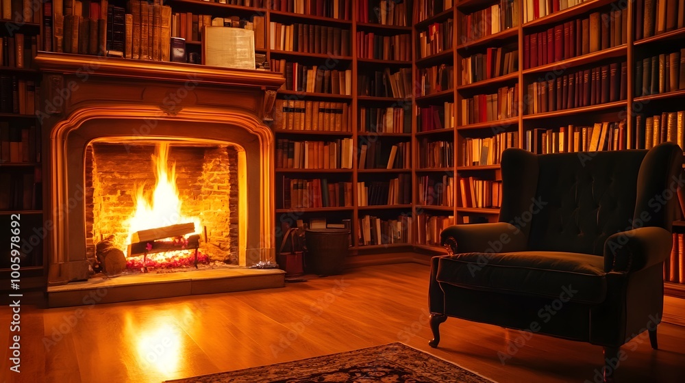 Warm and Inviting Home Interior with a Glowing Fireplace Plush Velvet Armchair and Wooden Bookshelves Filled with Antique Books in a Nostalgic Traditional Atmosphere